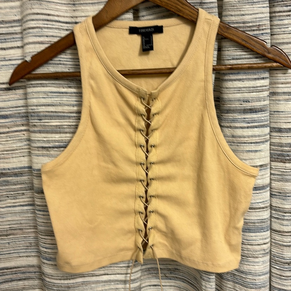 Forever 21 Lace Up Front Mustard Ribbed Cropped Tank - Size Large